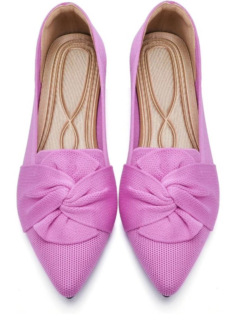 Women's Pink Pointed Toe Ballet With Bow Comfortable Knit Dressy Flats Shoes